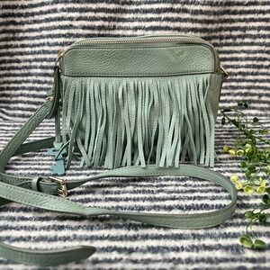 Fossil Women's "Sydney" Fringed Crossbody Shoulder Bag Green‎ Leather sz Small